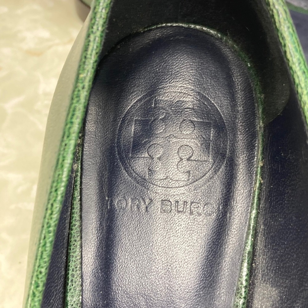 Tory Burch Chain Link Pebbled Leather Loafer Flats Womens 7.5 Green Gold Accent - Picture 3 of 5